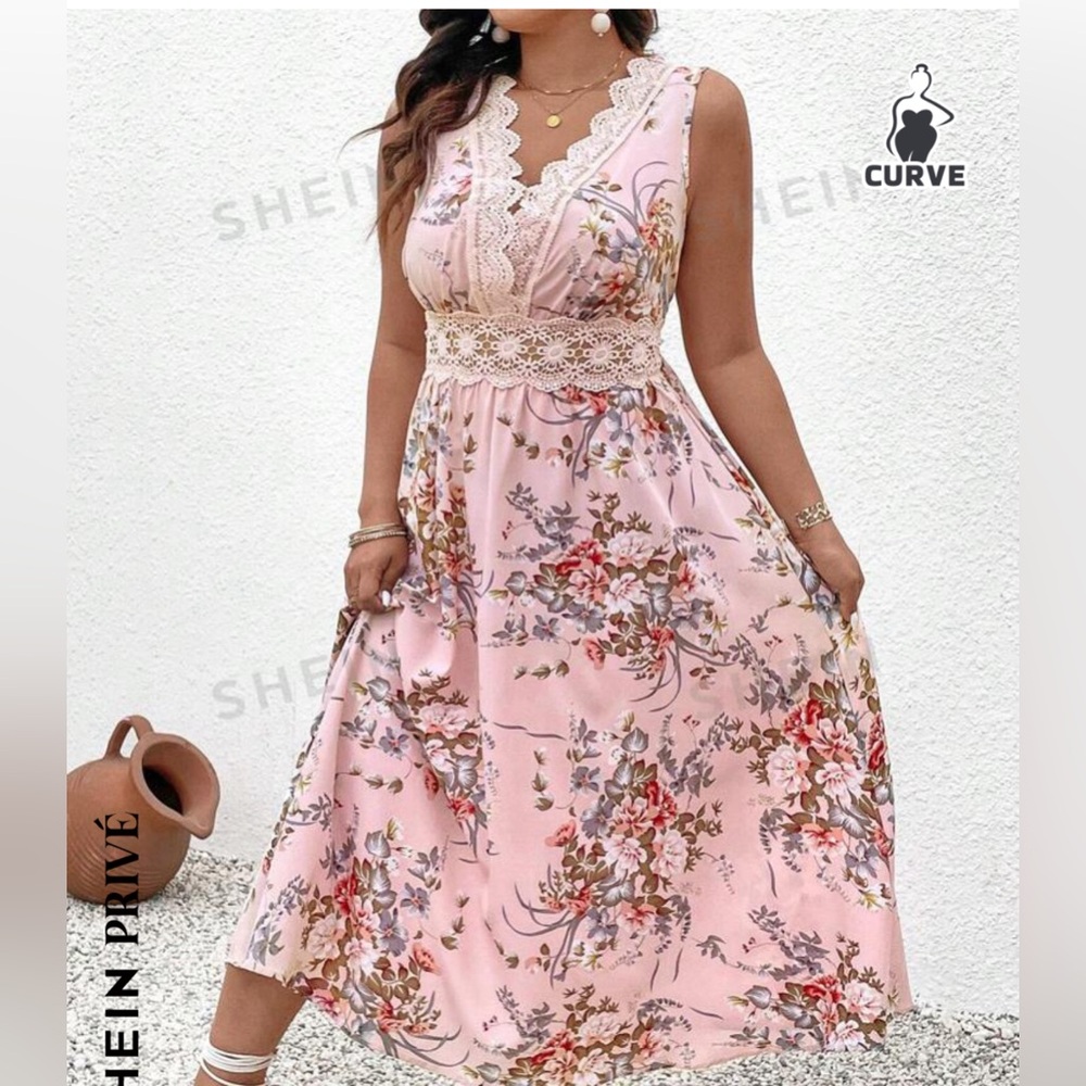 SHEIN Privé Plus Size Floral Printed Lace Patchwork Dress Size 20 worn once!